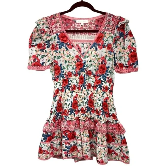 LoveShackFancy Rena Rose Floral Ruffle Mini Dress in Rush of Red Women’s Medium - Picture 7 of 16